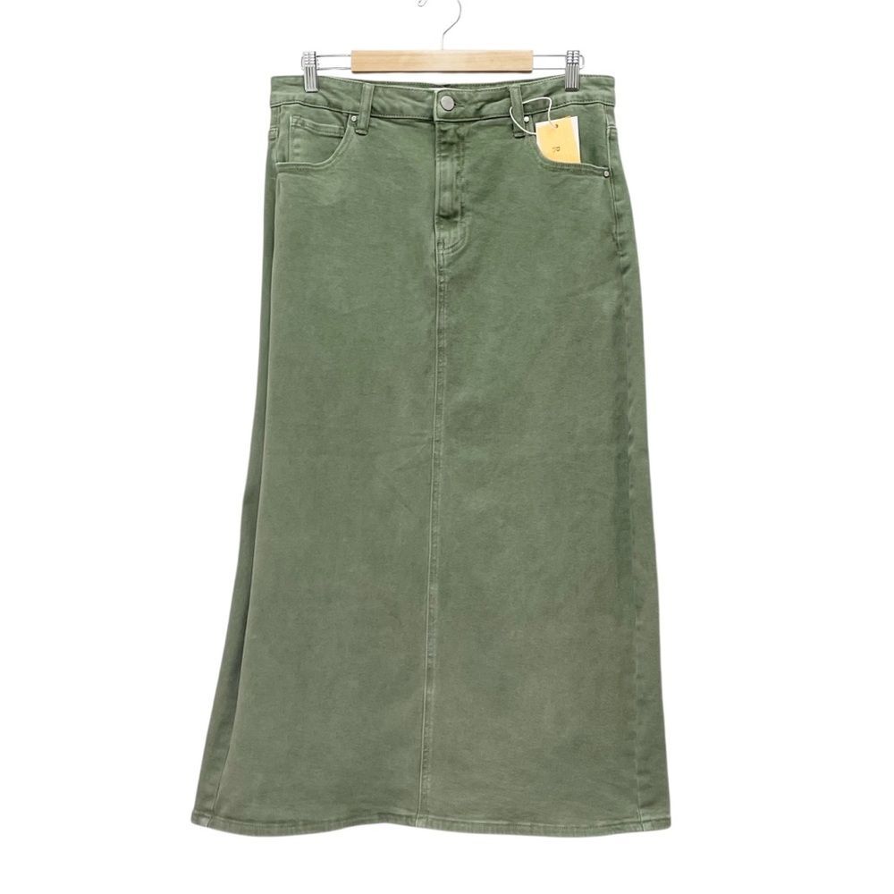NWT Risen Olive Denim Maxi Skirt Size 1XL High Rise Stretch Midi Long Jean Skirt - Picture 2 of 12
